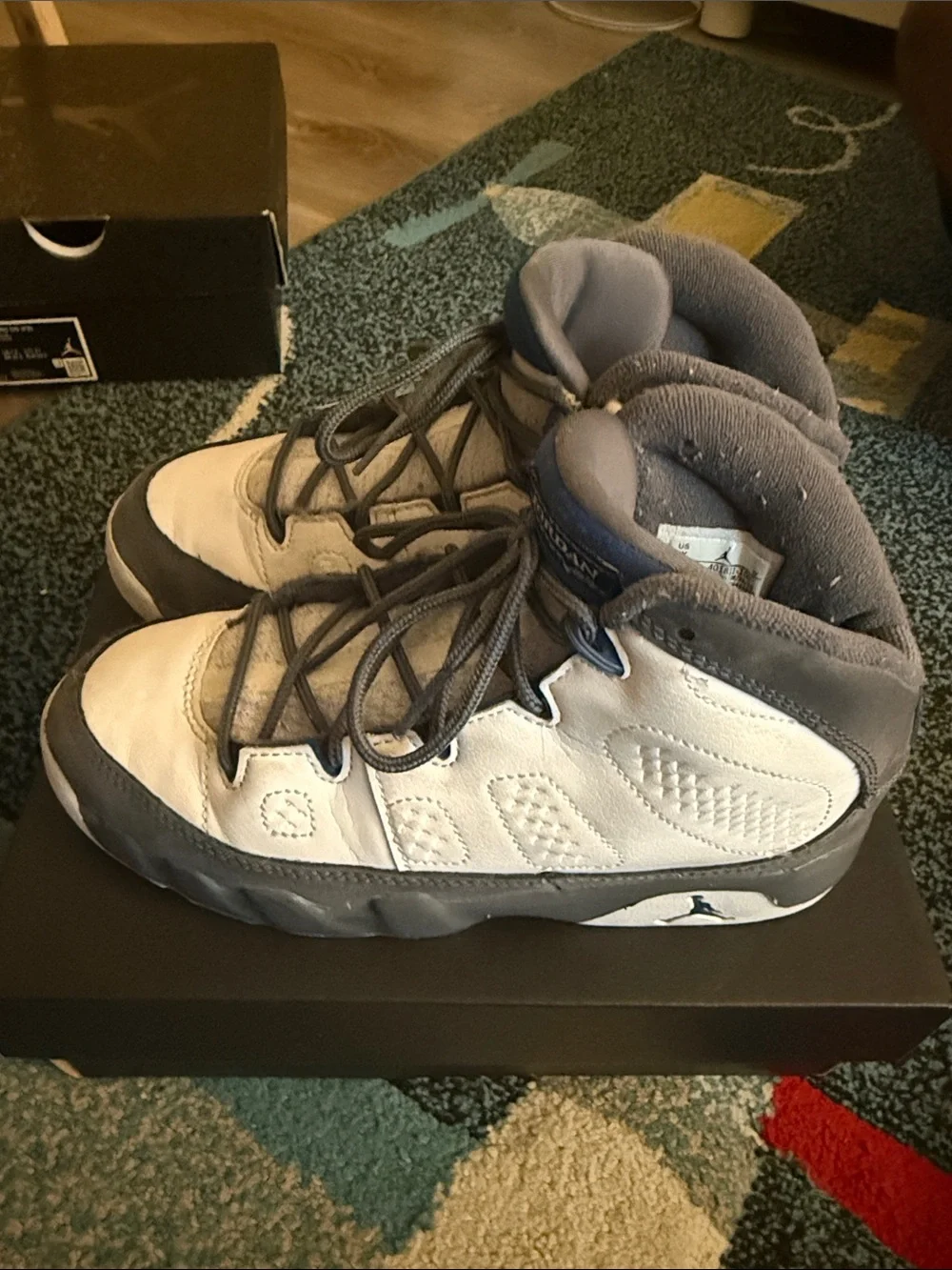 Jordan 9’s Kids Gray and Navy High-Top Sneakers